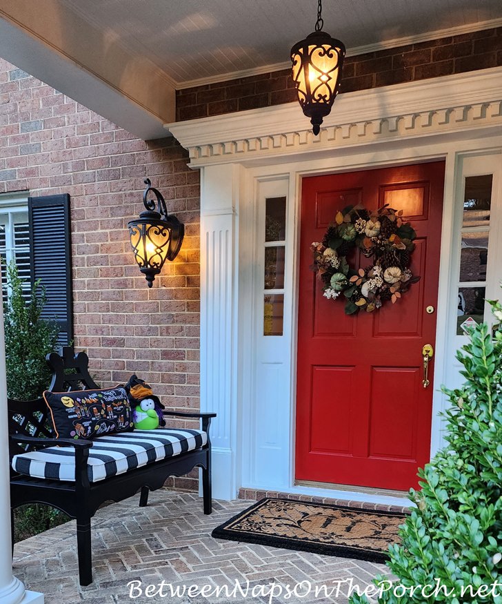 Halloween Autumn Porch, Porch Lanterns, Red Door