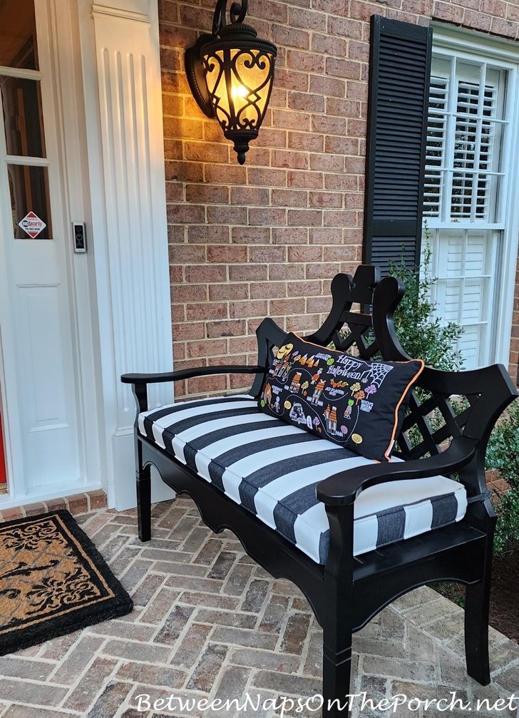 Porch Bench, Black White Striped Cushion