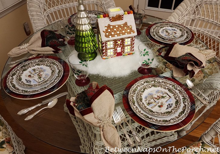 Christmas Table Setting with Gingerbread House Centerpiece