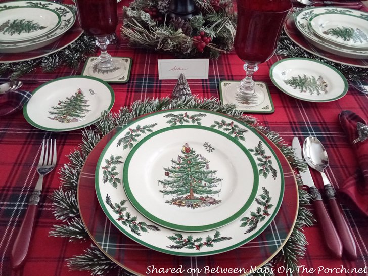 Spode Christmas Tree Dinnerware, Plaid Tablecloth, Red Flatware