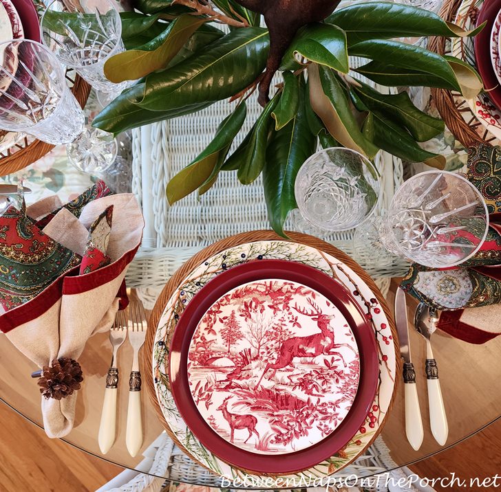 Beautiful Toile Deer Salad Plates in Woodland Themed Table Setting