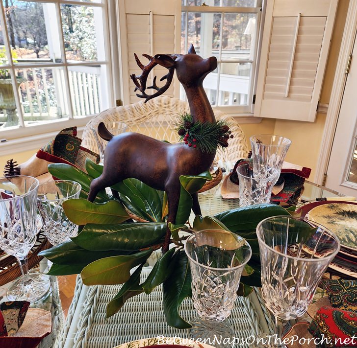Deer and Magnolia Centerpiece for Woodland Winter Table Setting