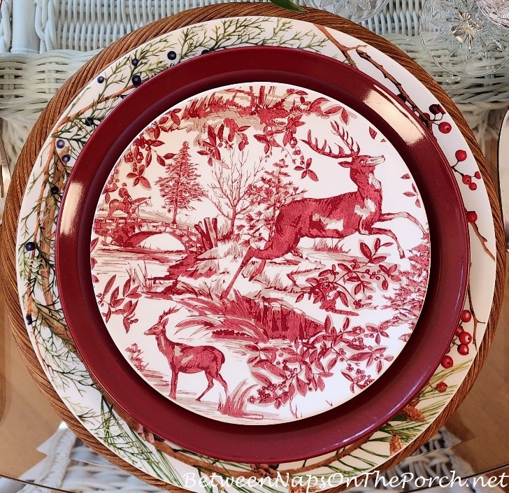 Red and White Toile Deer Salad Plates in Woodland Table Setting