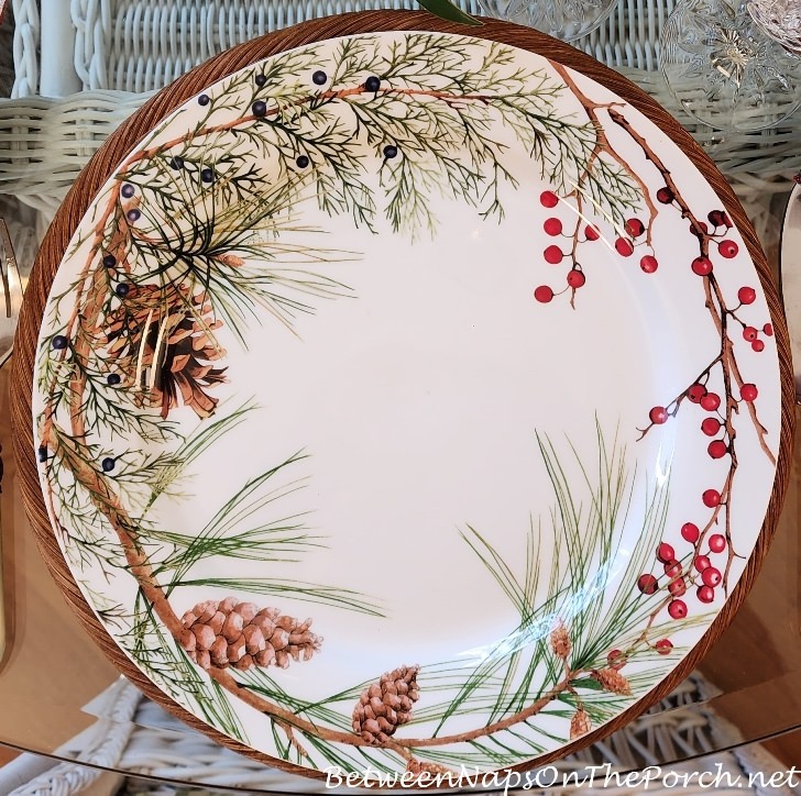 Woodland Themed Charger Plate with Pine Cones and Berries