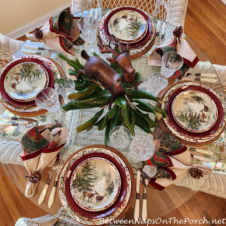 Woodland Table with Deer Plates and Deer Magnolia Centerpiece