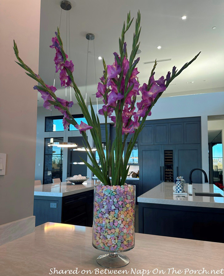 Gladiolus and Conversation Hearts in Creative Centerpiece 2