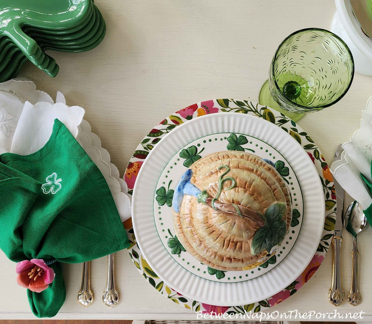 St. Patrick's Day Spring Tablescape, Bee Flatware, Bee Skep Soup Tureen