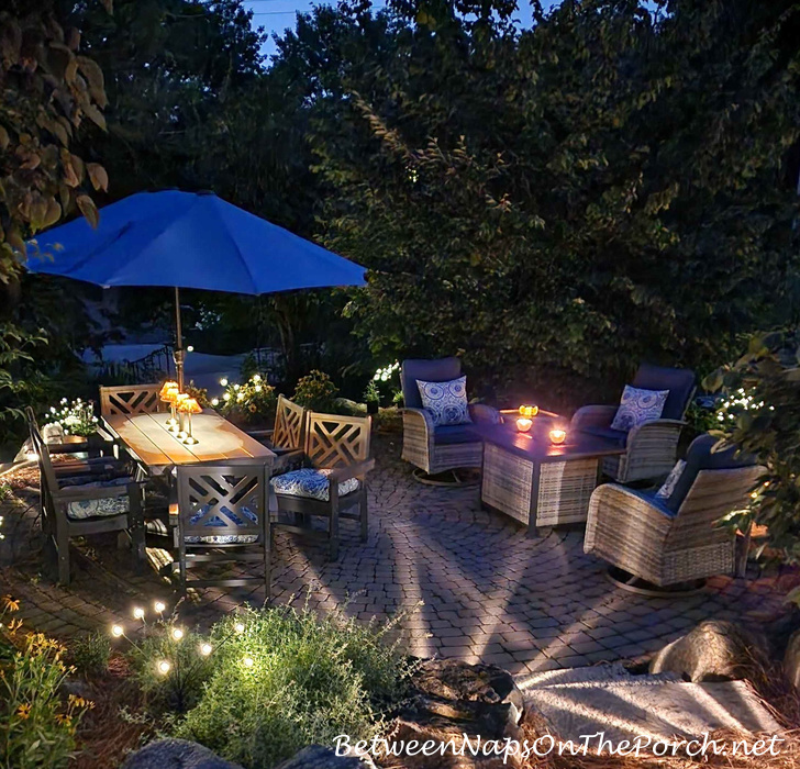 Backyard Dining and Seating Area, Lit by Solar Lights