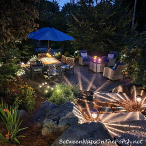 Backyard garden and patio lit with Solar Lights and Fairy Lights
