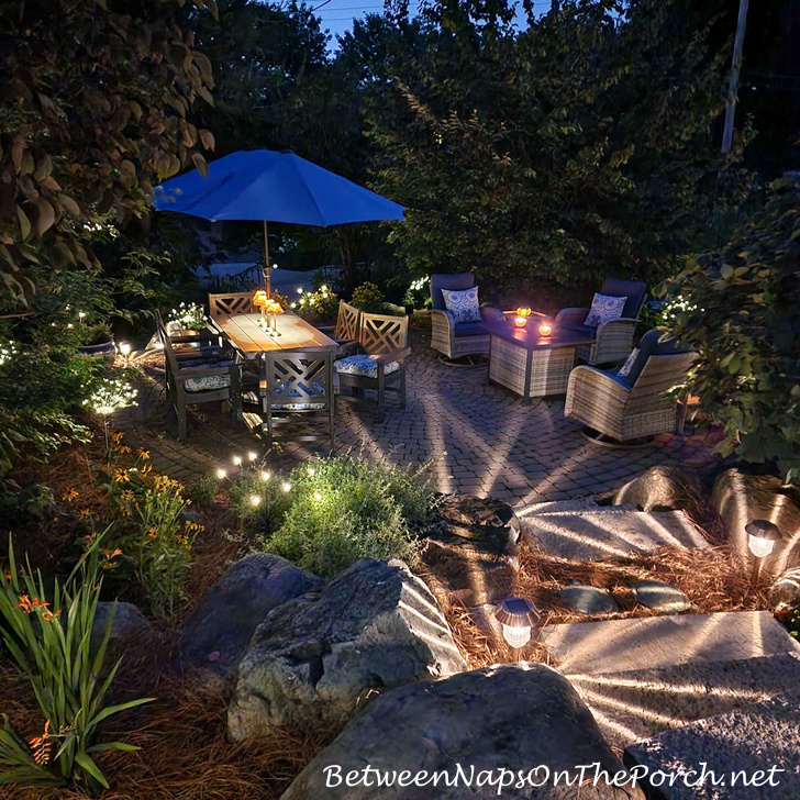 Backyard garden and patio lit with Solar Lights and Fairy Lights