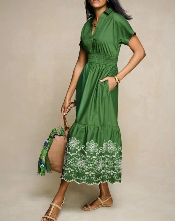 Green Maxi Dress, Embroidered