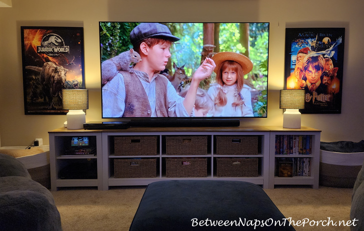 Home Movie Room with Lamps on beside the TV