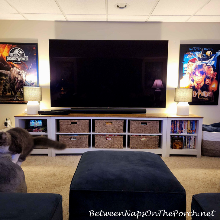 Lamps on, on either side of TV