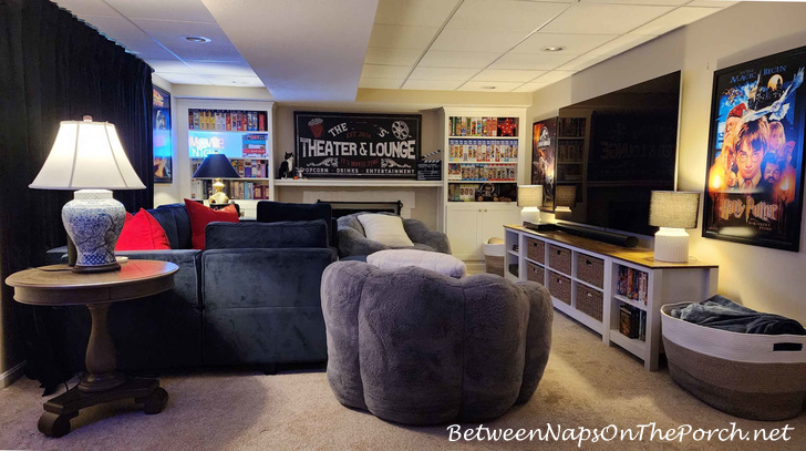 Movie Room with 4 Lamps, Lamps all the way around the room