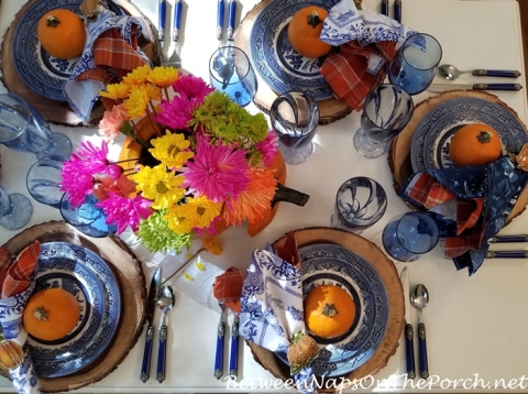 Blue Willow for Fall Autumn Table, Orange Accents
