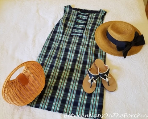 Plaid Dress, Sun Hat with Navy Bow, Jack Rogers Sandals, Wicker Handbag