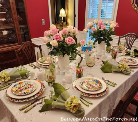 Spring Tablescape with Roses Centerpiece