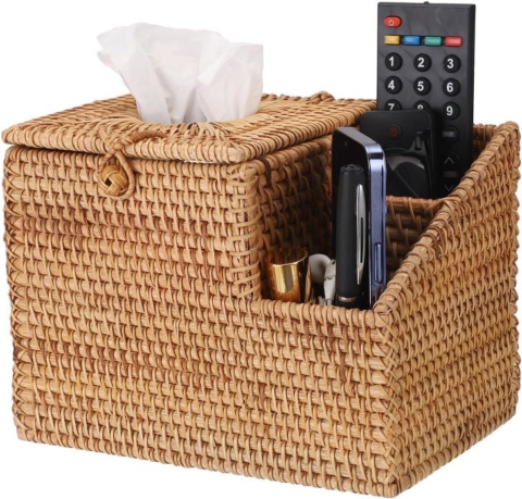 Rattan Tissue & TV Remote Holder, Great for Media Movie Room