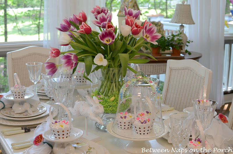Easter Table Setting with Tulip Centerpiece and Pottery Barn Bunny Cupcake Stands