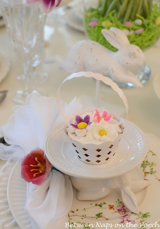 Easter Table Setting with Tulip Centerpiece and Pottery Barn Bunny Cup Cake Stands