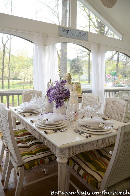 Easter Spring Table Setting with Wisteria and Pottery Barn Bunny Plates
