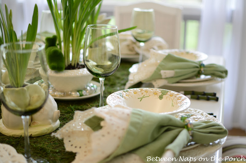 Spring Easter Table Setting with Vintage Sculptured Daisy Dinnerware