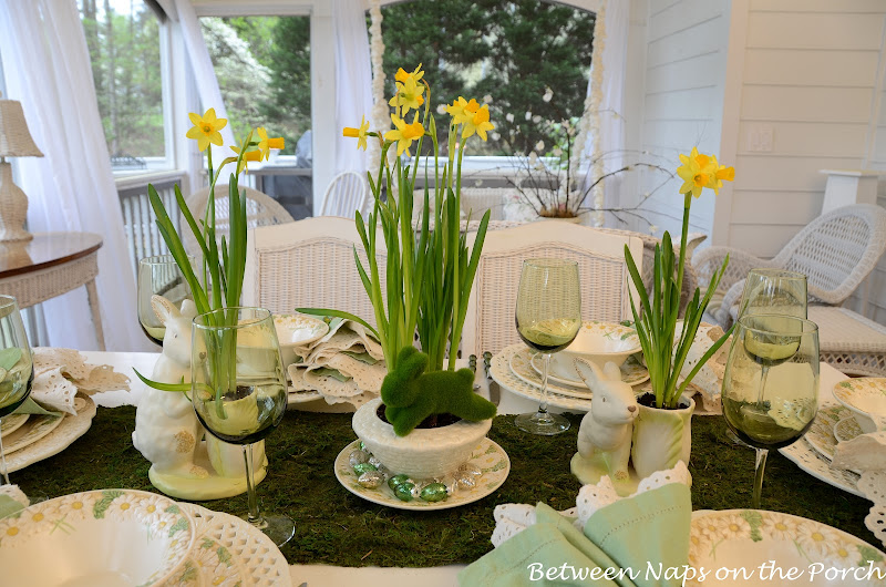 Spring Easter Table Setting with Vintage Sculptured Daisy Dinnerware