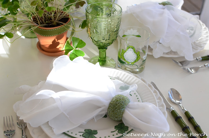 St. Patrick's Day Table Setting with shamrock centerpiece