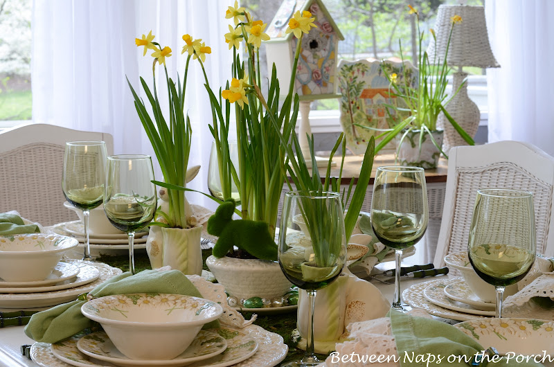 Spring Easter Table Settings with Vintage Sculptured Daisy Dinnerware