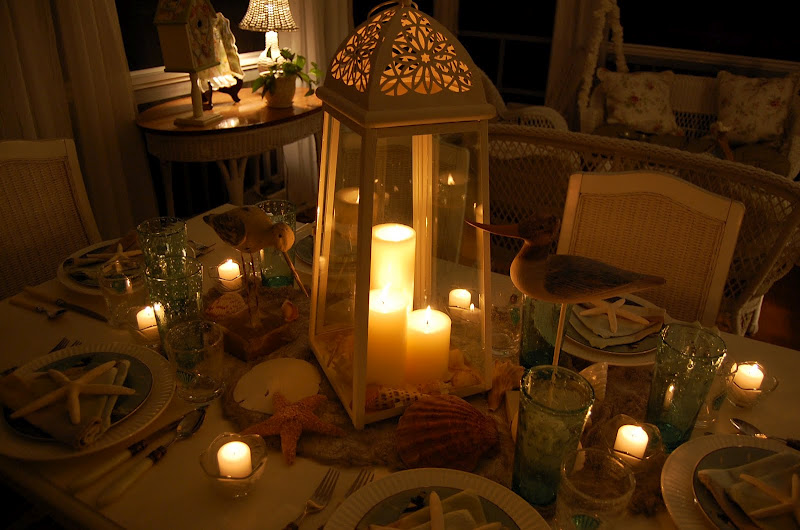 Beach Themed Table Setting with Candlelight Centerpiece