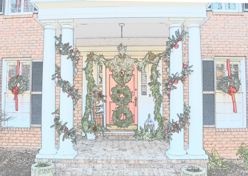 Front Porch Decorated for Christmas with Triple Wreaths on Door and Pottery Barn Knock-off Garland