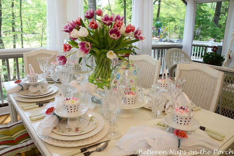 Easter Table Setting with Tulip Centerpiece and Pottery Barn Bunny Cupcake Stands