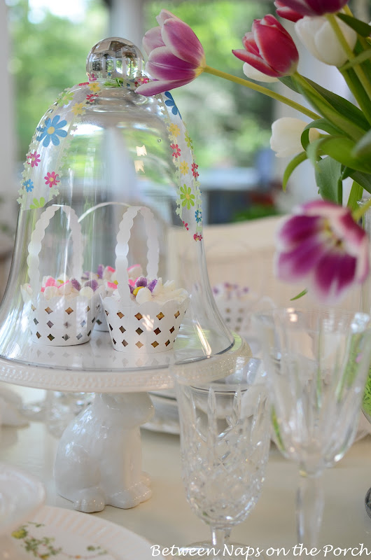 Easter Table Setting with Tulip Centerpiece and Pottery Barn Bunny Cupcake Stands