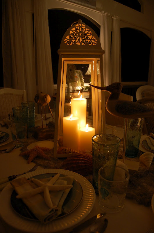 Beach Themed Table Setting with Candlelight Centerpiece