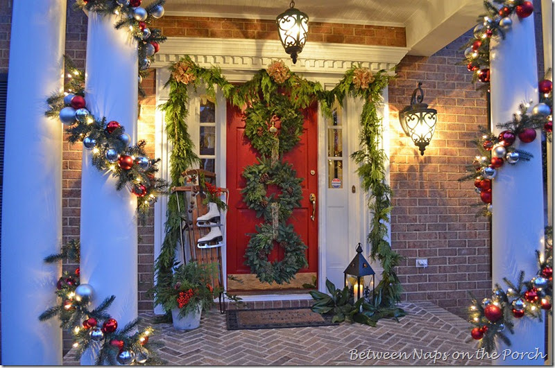 Front Porch Decorated for Christmas with Triple Wreaths on Door and Pottery Barn Knock-off Garland