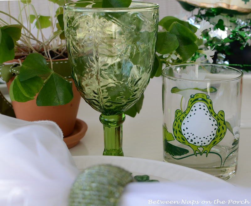 St. Patrick's Day Table Setting with froggy glasses
