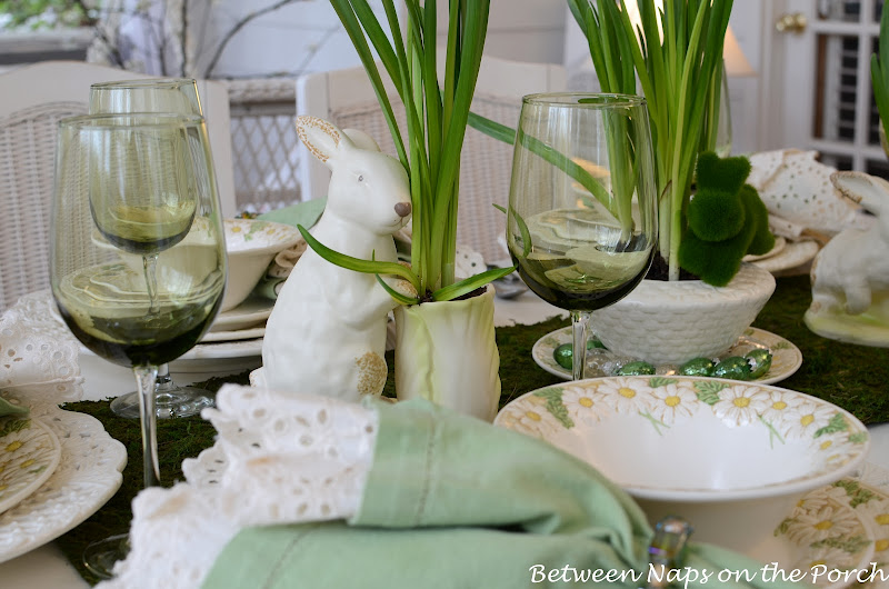 Spring Easter Table Settings with Vintage Sculptured Daisy Dinnerware