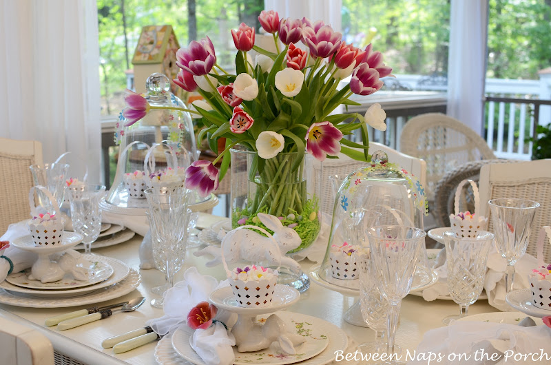 Easter Table Setting with Tulip Centerpiece and Pottery Barn Bunny Cupcake Stands