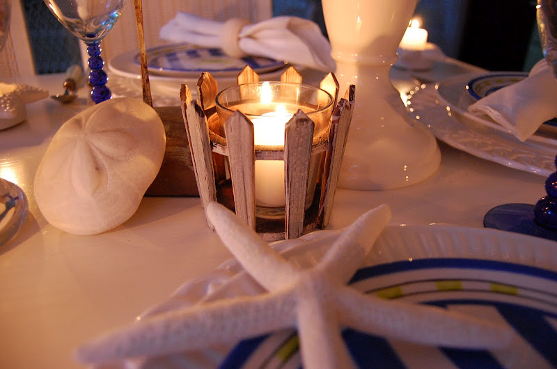 Candlelight Shell Centerpiece on Beach Themed Table Setting