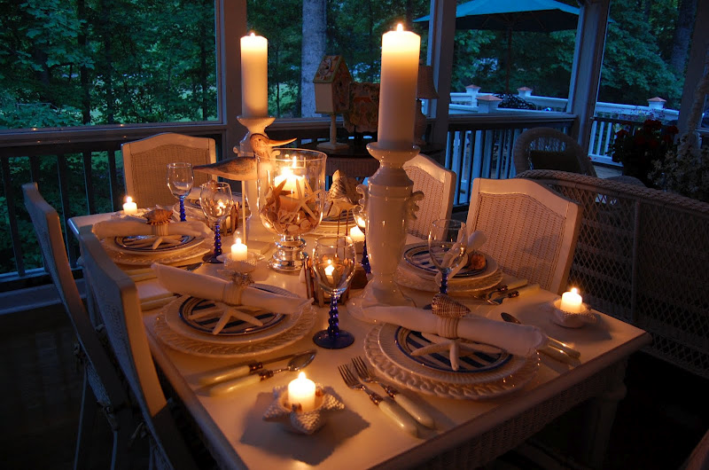 Candlelight Shell Centerpiece on Beach Themed Table Setting