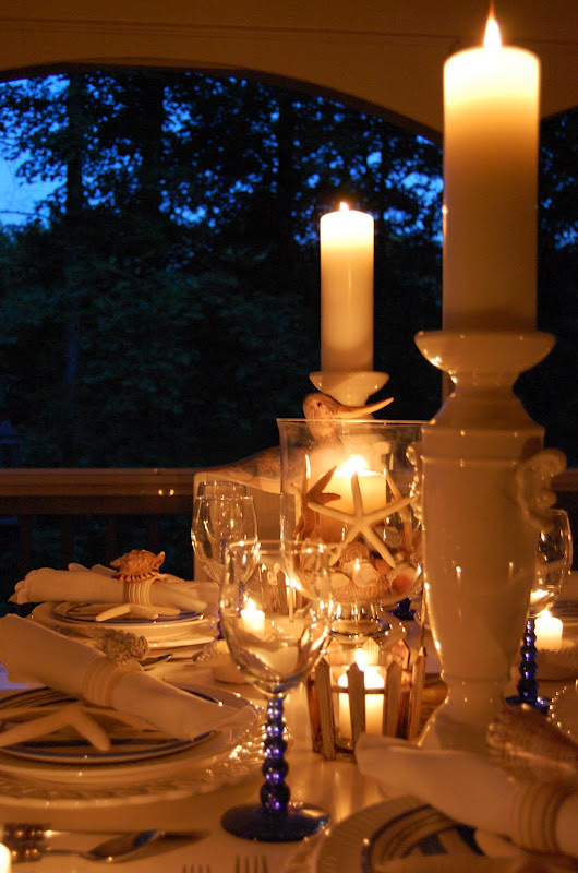 Candlelight Shell Centerpiece on Beach Themed Table Setting