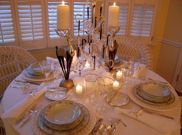 Winter Tablescape with Swarovski Crystal Ornament Centerpiece and Noritake Colburn China (Between Naps on the Porch)