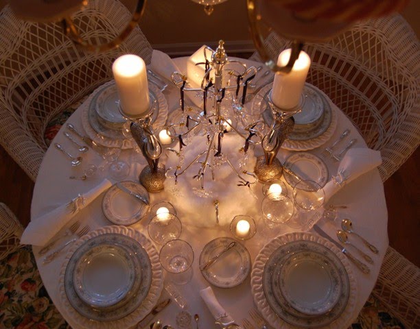 Winter Tablescape with Swarovski Crystal Ornament Centerpiece and Noritake Colburn China (Between Naps on the Porch)