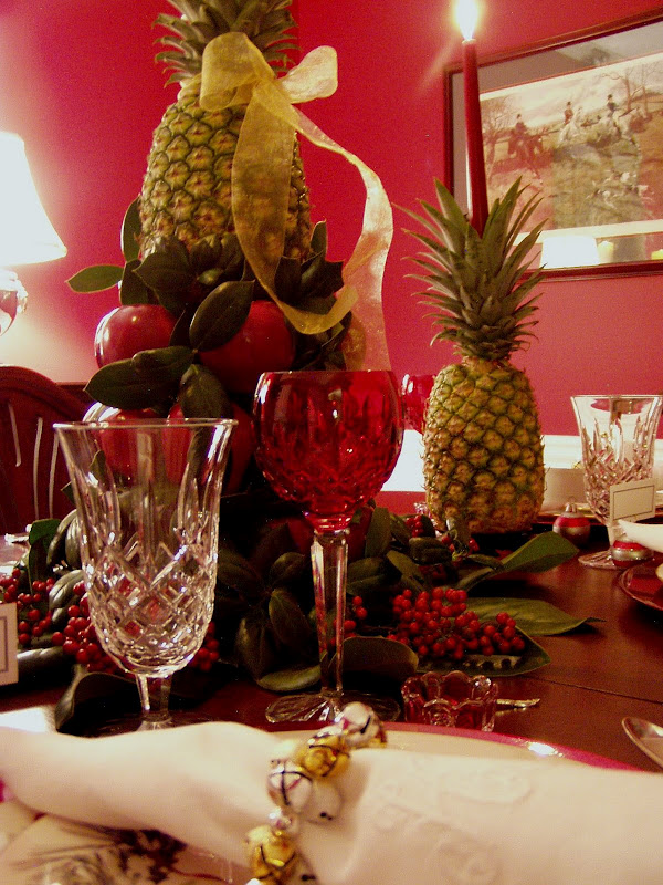 Colonial Williamsburg Christmas Table Setting with Apple Tree Centerpiece