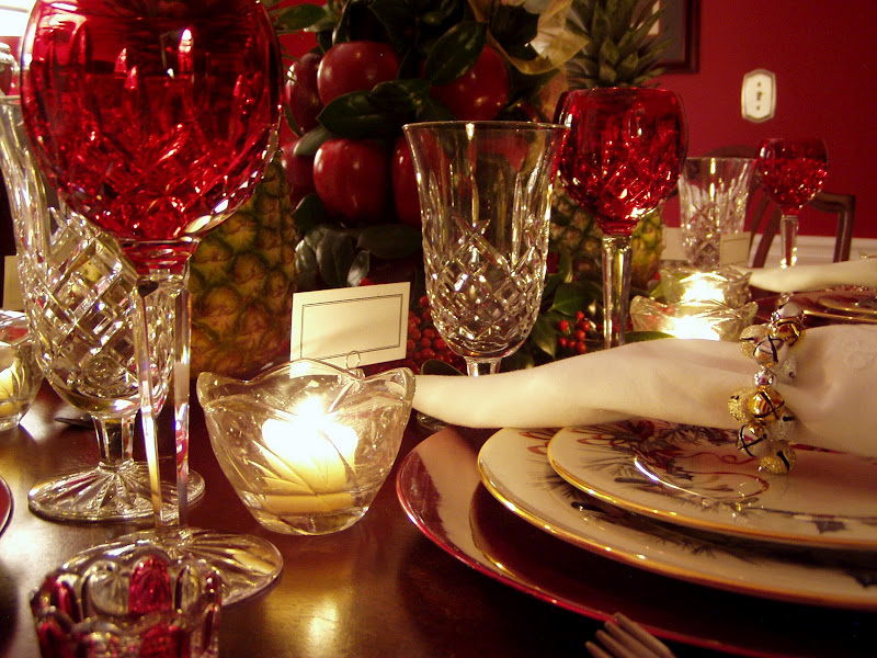 Colonial Williamsburg Christmas Table Setting with Apple Tree Centerpiece