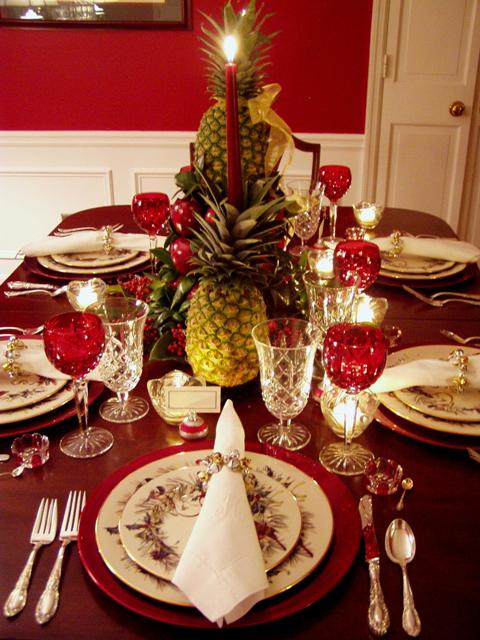 Colonial Williamsburg Christmas Table Setting with Apple Tree Centerpiece