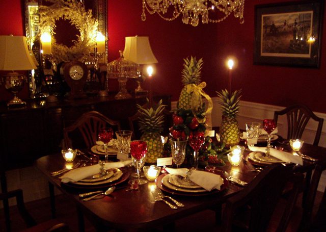 Colonial Williamsburg Christmas Table Setting with Apple Tree Centerpiece