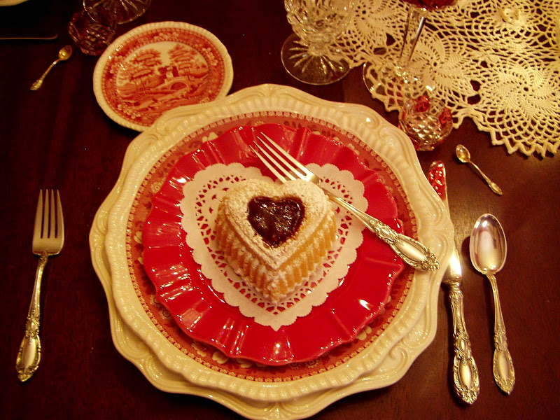 Valentine's Day Table Setting Tablescape with Raspberry Heart Cakes