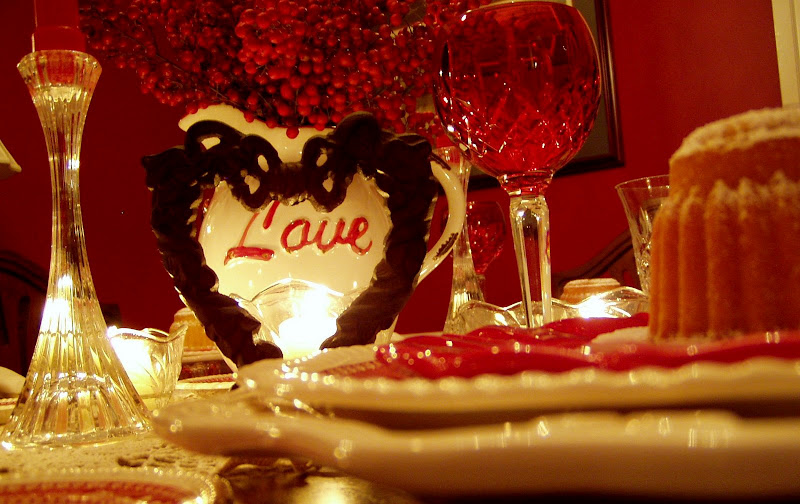 Valentine's Day Table Setting Tablescape with Raspberry Heart Cakes