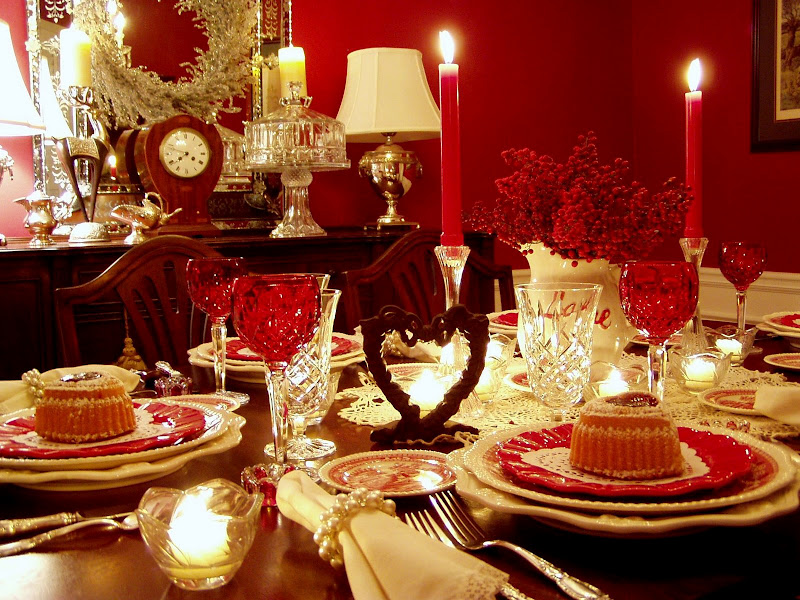 Valentine's Day Table Setting Tablescape with Raspberry Heart Cakes